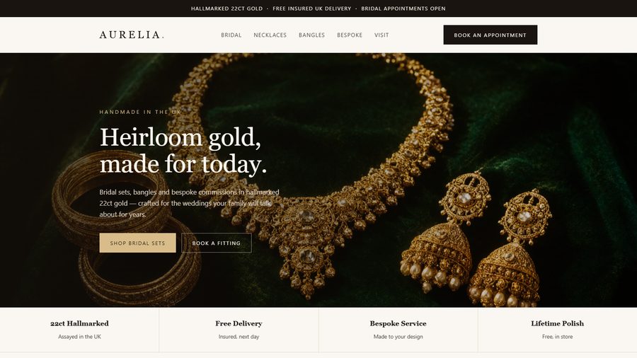 A gold jewellery shop website showing bridal sets