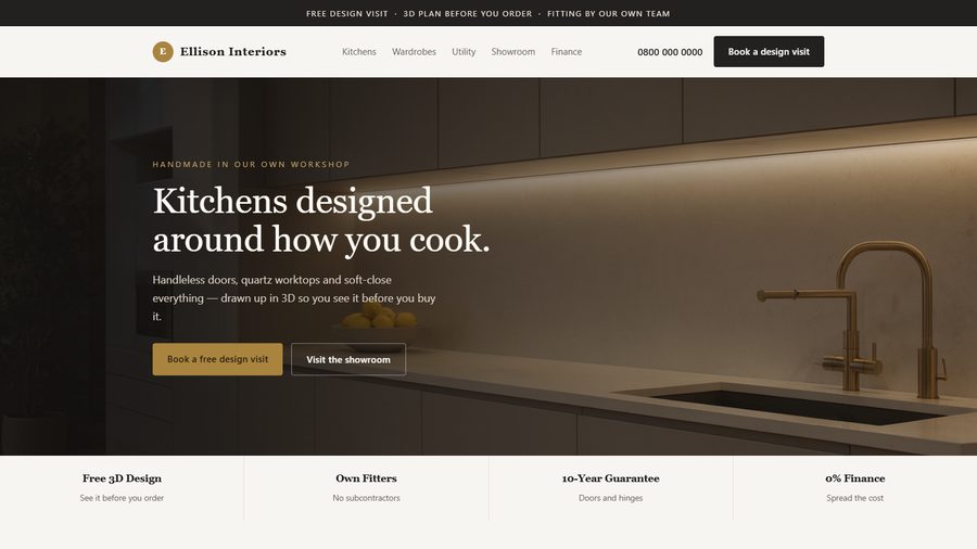 A fitted kitchen company website showing a finished kitchen